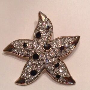 New Goldtone Starfish Pin, Black enamel & clear sparkling crystals. 2 1/2”Hx 2”w